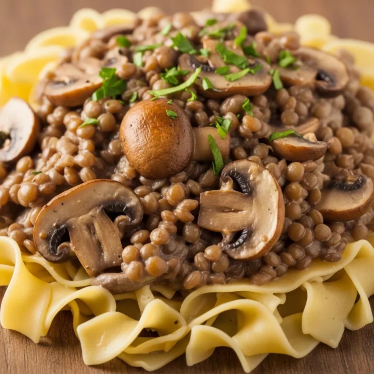 Bowl of creamy lentil mushroom stroganoff with wide noodles and fresh parsley.