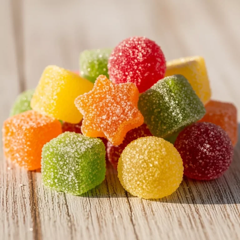 Assortment of homemade Sparkling Citrus Burst Jelly Candies on a simple background.