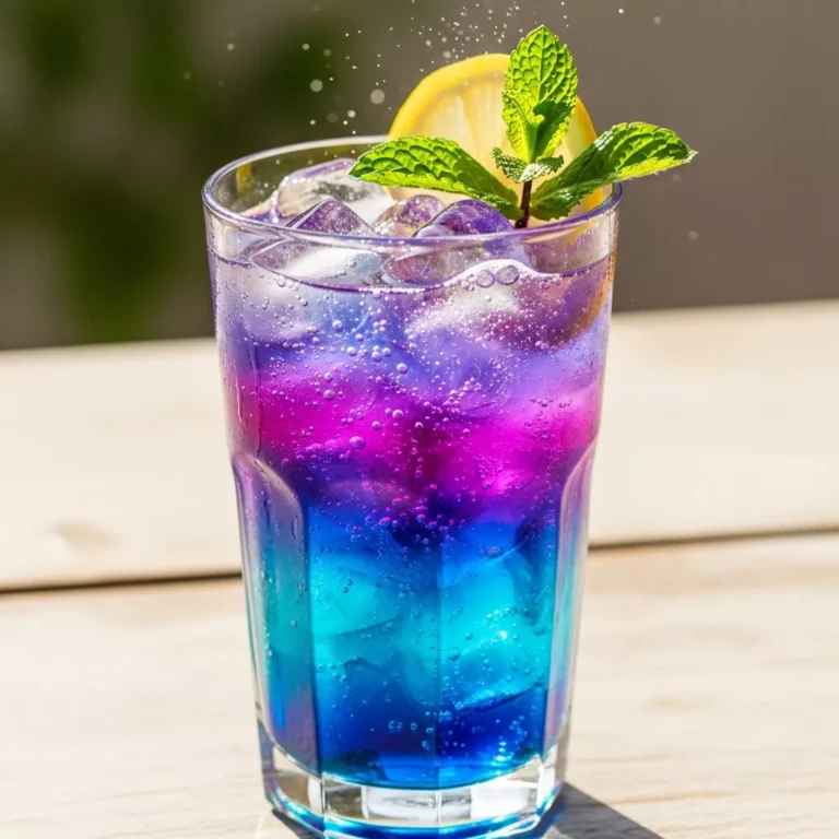 Glass of Tropical Azure Refresher with blue and purple hues, ice, lemon, and mint, evoking a serene, sun-kissed afternoon.