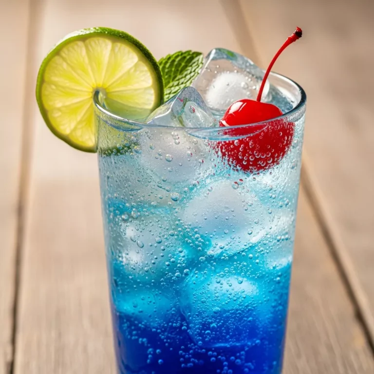 Full view of a tall glass of Sparkling Arctic Oasis Sipper mocktail with lime and cherry garnish