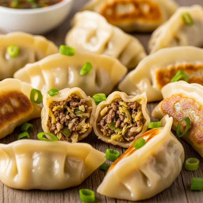 A plate of pan-seared golden cabbage and beef dumplings with a side of zesty dipping sauce, garnished with green onions.