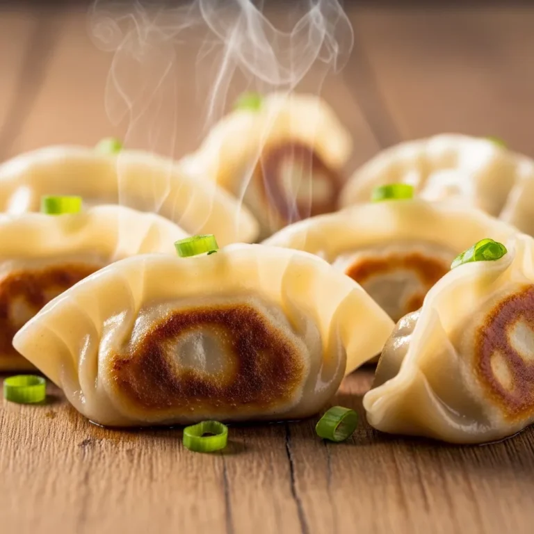 Plate of freshly cooked savory pan-fried cabbage dumplings garnished with green onions.