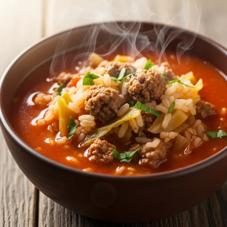 Hearty One-Pot Golumpki Soup in a rustic bowl on a dark wooden table, ready to serve.