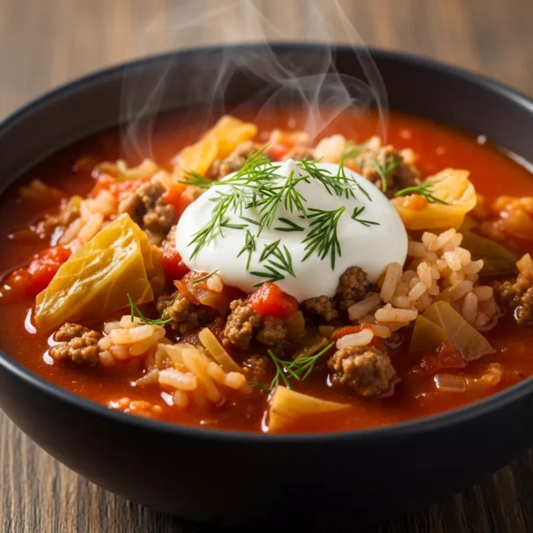 Bowl of One-Pot Polish Golombki Soup with cabbage, ground meat, rice, and tomato broth, served with sour cream and dill on a rustic table.