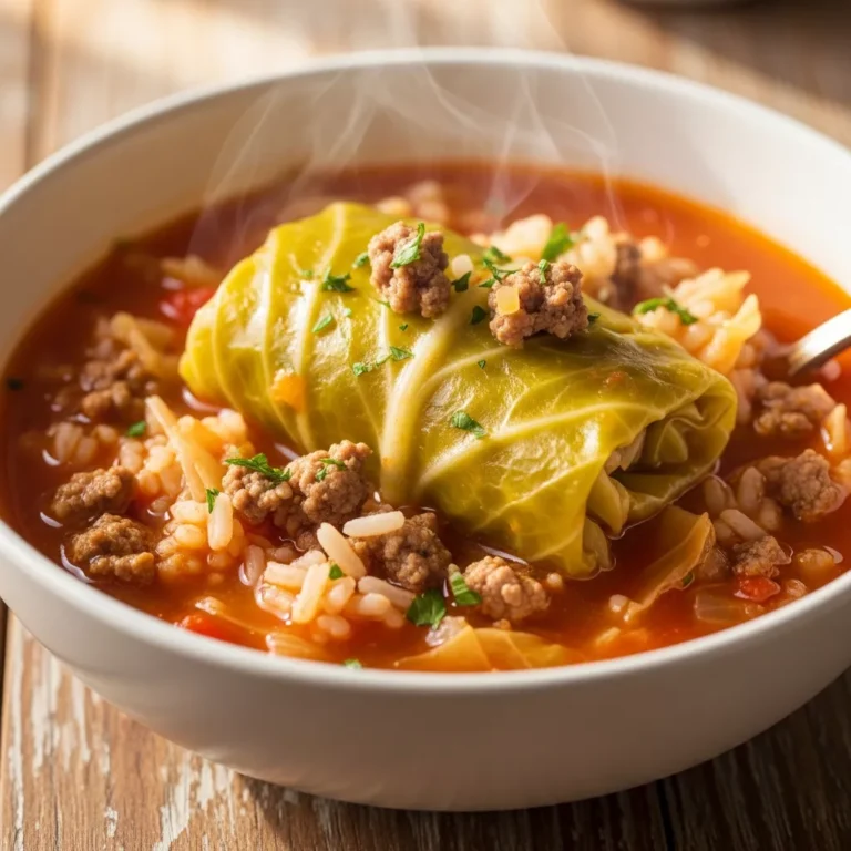 Hearty bowl of steaming Cozy One-Pot Cabbage Roll Soup with beef, cabbage, and rice, garnished with parsley.