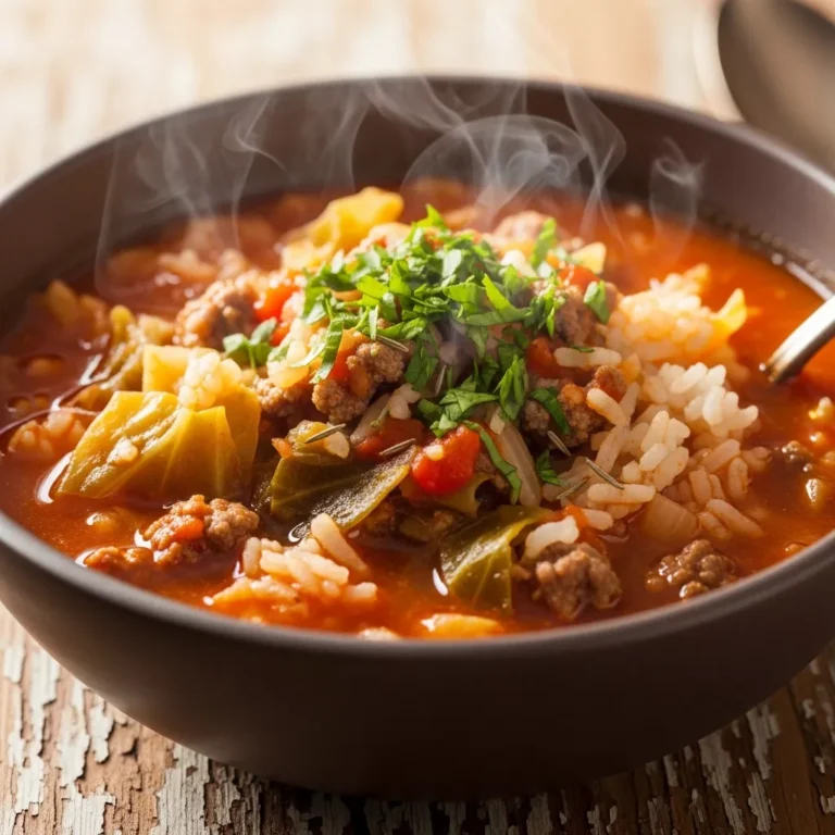 Hearty bowl of Soul-Satisfying One-Pot Golompki Soup with a spoon, ready to be enjoyed.