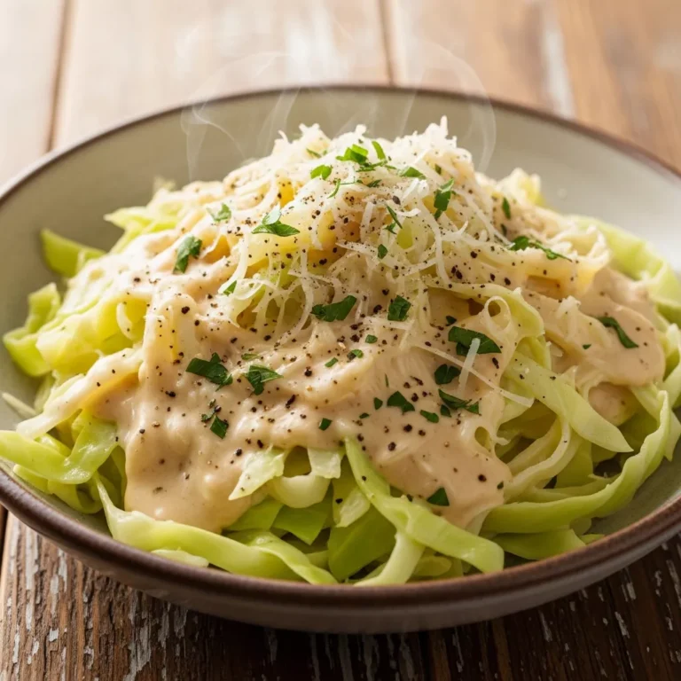 Healthy and quick Creamy Cabbage Alfredo main course in a serving dish