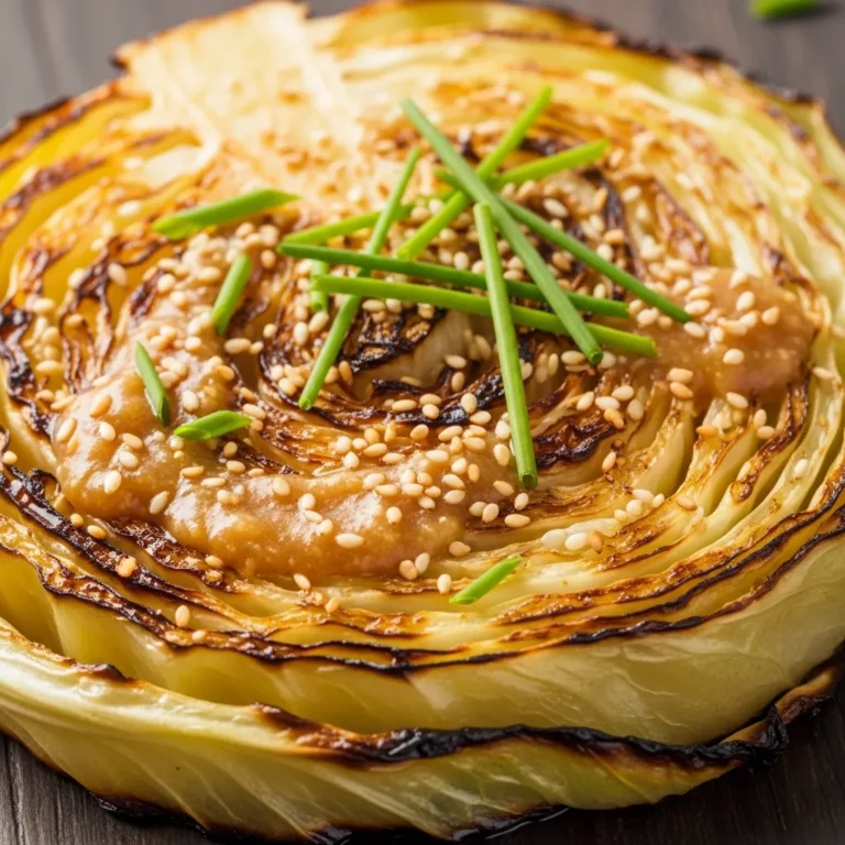 Two golden blistered cabbage steaks with umami miso butter, garnished with chives and sesame seeds, served on a rustic plate.