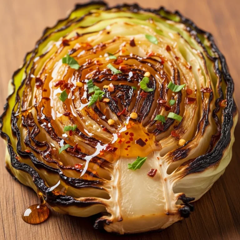 Blistered Cabbage Steaks with Hot Honey Drizzle, garnished with fresh herbs, ready to serve as a main course.