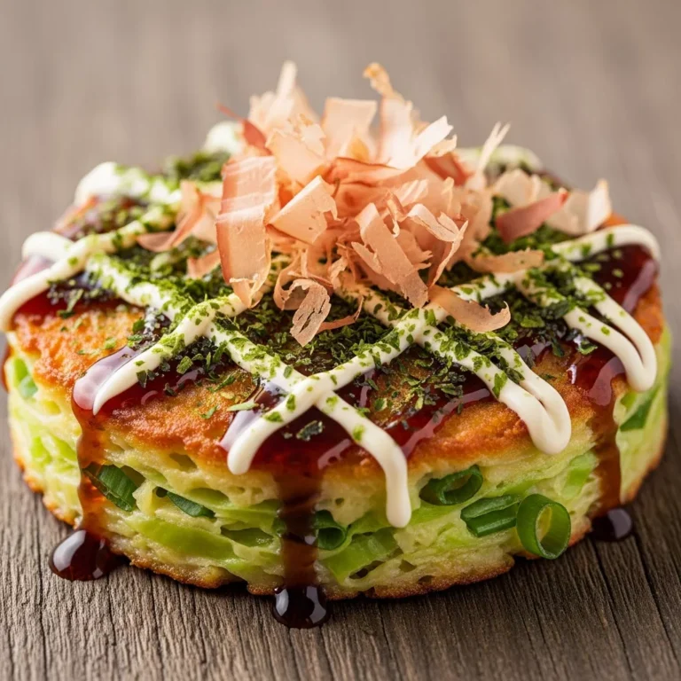 A complete Fluffy Umami-Packed Okonomiyaki served on a plate, garnished with Okonomiyaki sauce, Japanese mayonnaise, Aonori, and Katsuobushi, ready to eat.