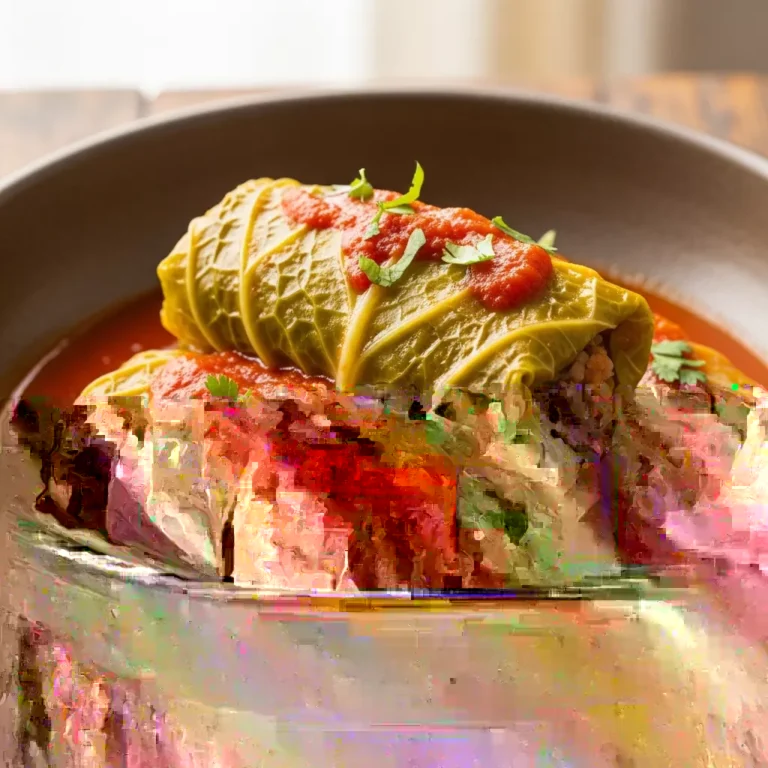 Plated Authentic Dominican Niños Envueltos, savory stuffed cabbage rolls, in a rustic bowl with vibrant tomato sauce and fresh herbs, ready to serve.