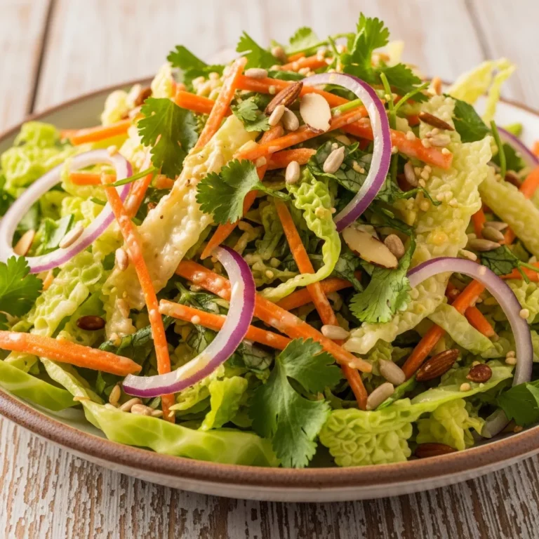 A serving of Crispy Zesty Green Cabbage Crunch Salad with Lemon-Tahini Dressing in a rustic bowl, showcasing its vibrant green and orange colors.