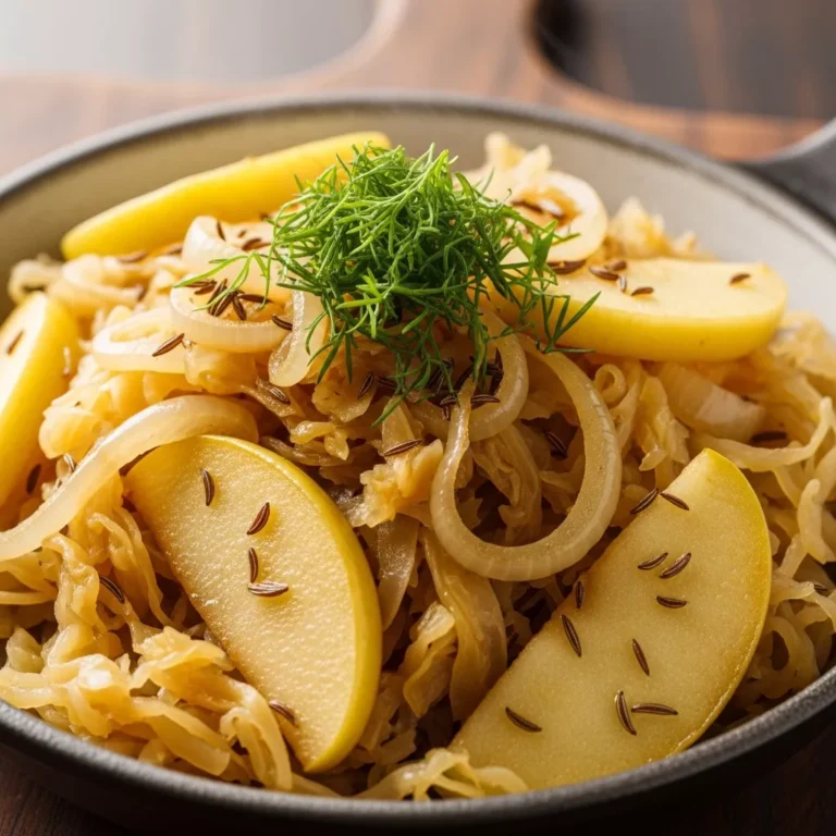 Rustic serving of Probiotic Powerhouse Golden Cabbage Sauté in a skillet with fresh herbs