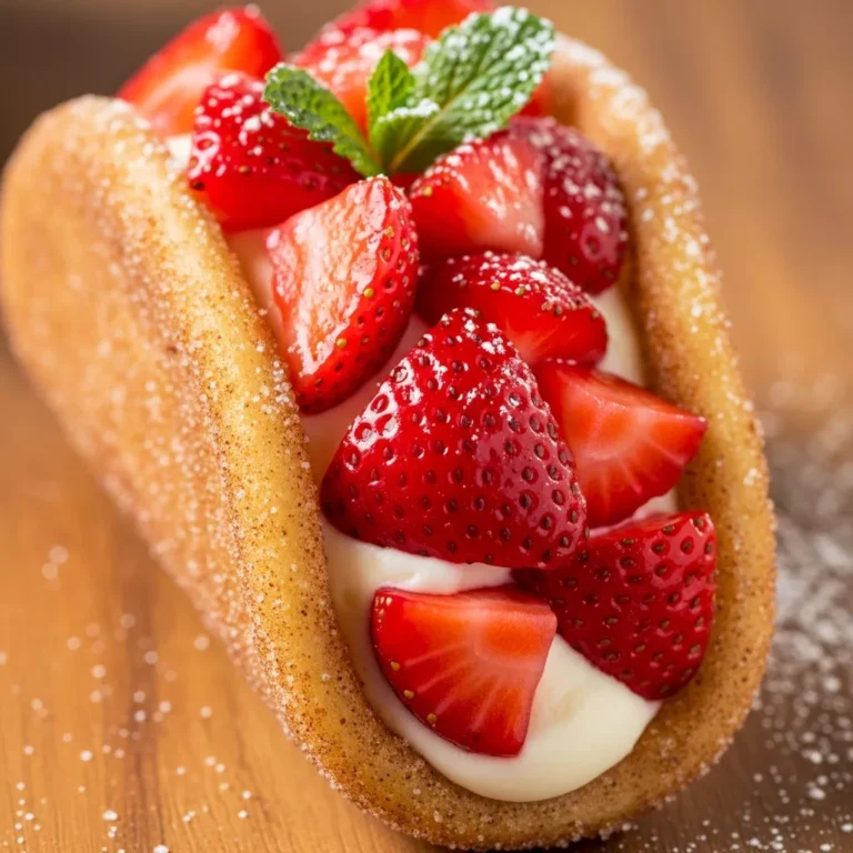 Plate of Crispy Sweet Strawberry Cheesecake Tacos garnished with mint and powdered sugar