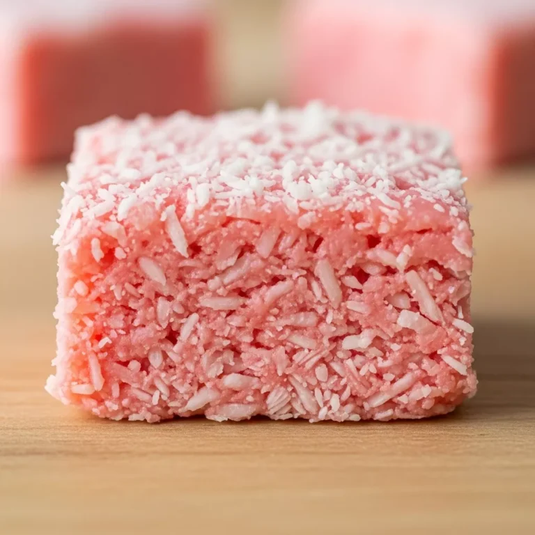 Slice of Dreamy Pink Coconut Snowball Bar on a rustic surface, vibrant pink.