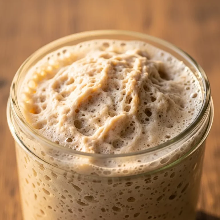 A healthy, bubbly sourdough starter in a glass jar, demonstrating readiness for bread making.
