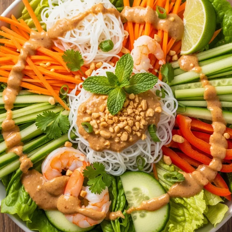 Effortless Fresh Spring Roll Salad with Zesty Peanut Drizzle recipe card image.