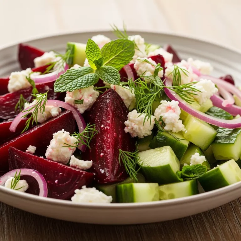 Cozy Roasted Beet and Feta Salad with Cucumber Crunch, a colorful dish with roasted beets, feta, cucumber, red onion, dill, and mint, drizzled with a sweet and tangy dressing.