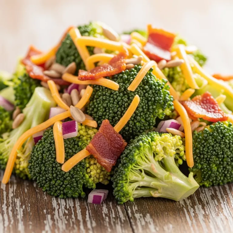 Hero shot of Keto Creamy Loaded Broccoli Salad, a hearty low-carb side dish with broccoli, turkey bacon, cheddar, and creamy dressing, presented on a rustic surface.