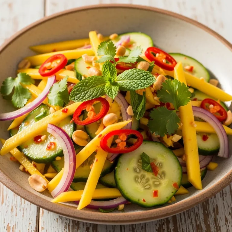 Appetizing bowl of Thai mango cucumber salad with fresh herbs and chili on a rustic wooden table, ready to serve.