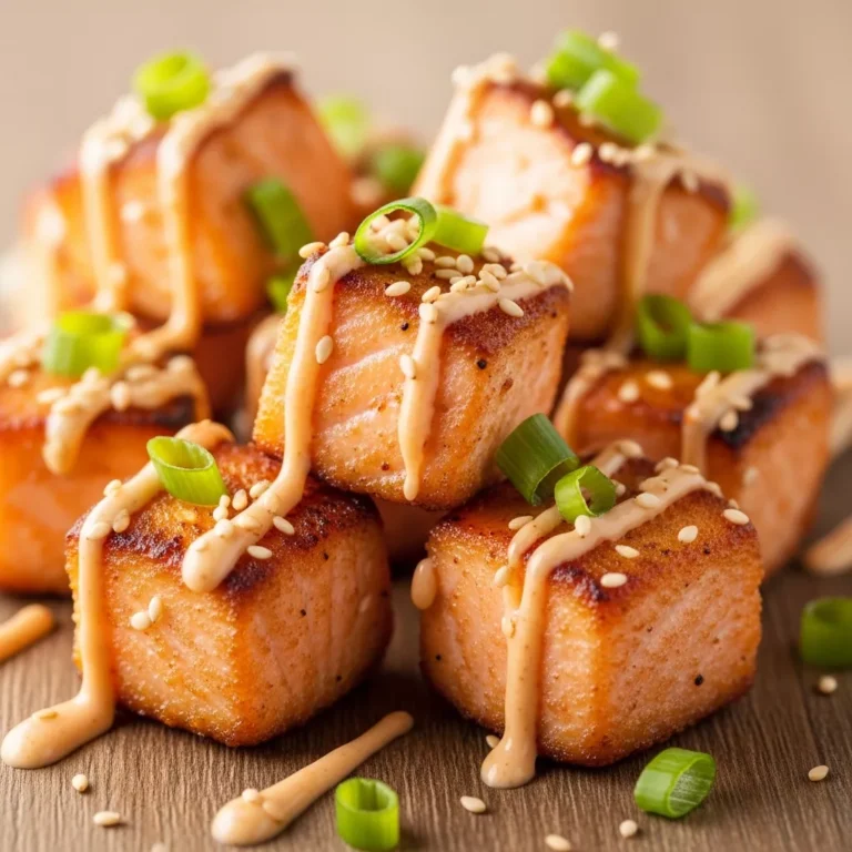 Crispy bang bang salmon bites in a serving bowl, garnished with green onions and sesame seeds.