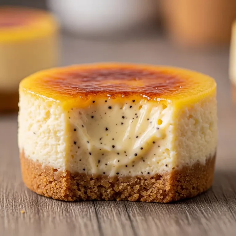 A trio of Vanilla Bean Crème Brûlée Cheesecake Cupcakes on a rustic plate
