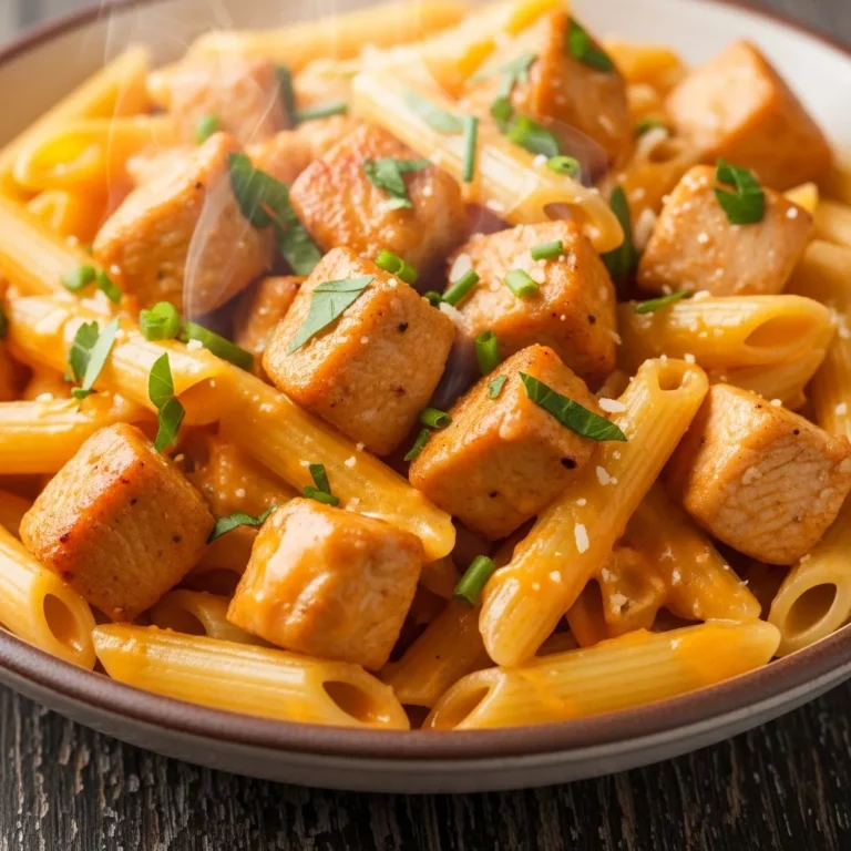One-pan creamy cowboy butter chicken pasta served directly from a skillet, garnished with fresh herbs.