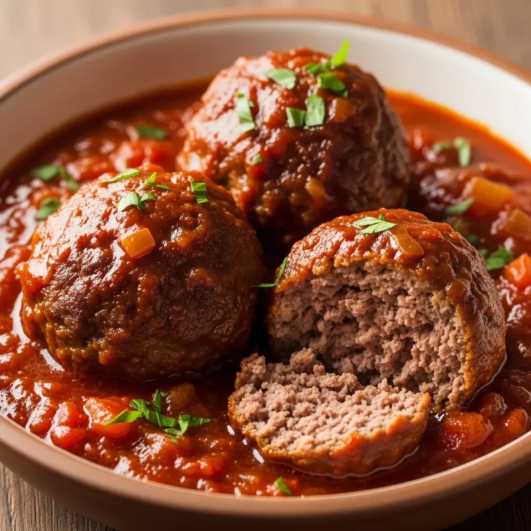 Plate of braised beef meatballs in rich tomato sauce with fresh parsley.