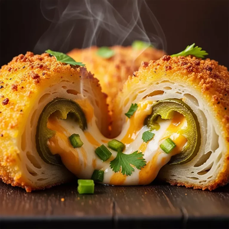 Several golden-brown baked jalapeño popper stuffed onion rings stacked on a rustic plate, garnished with fresh cilantro.