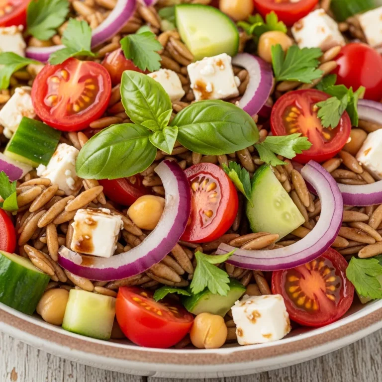 Bowl of Vibrant Mediterranean Orzo Salad ready to serve, rich with fresh vegetables and balsamic dressing on a rustic table