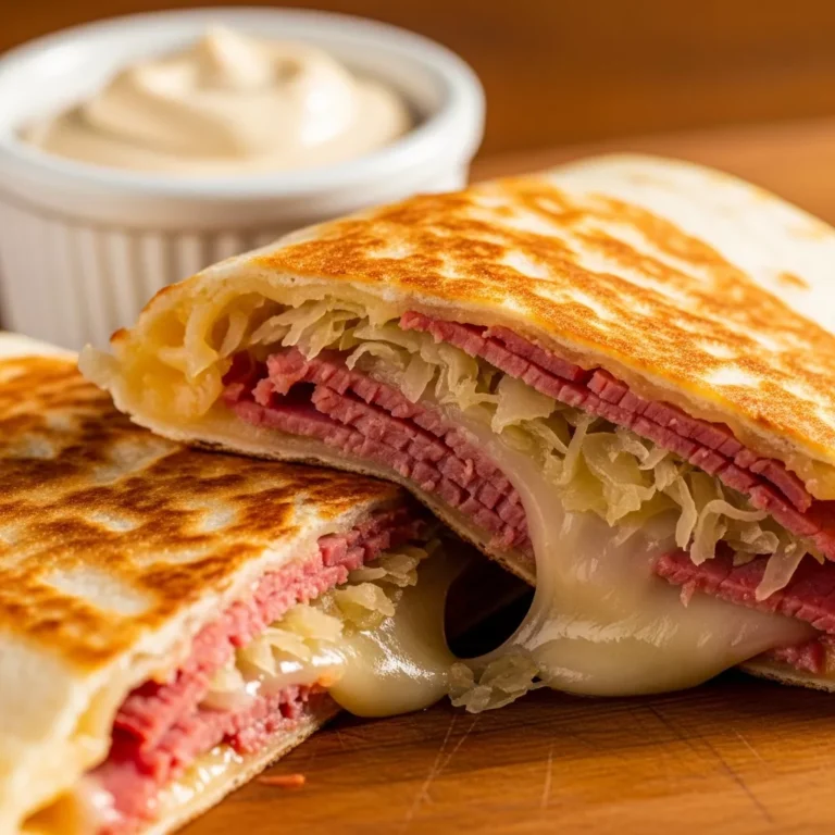 Plate of Crispy Golden Reuben Quesadilla halves with dipping sauce for serving.