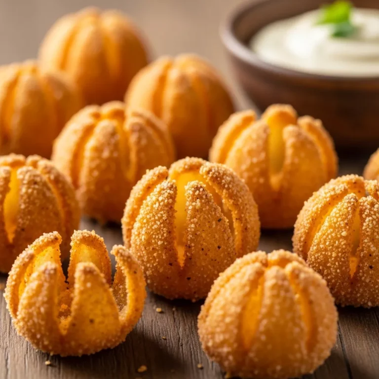 Plate of golden crispy onion petals with dipping sauce on a rustic table setting