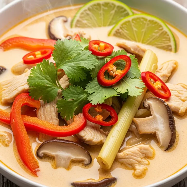 Delicious Zesty Thai Coconut Chicken Soup in a rustic bowl, richly garnished with fresh herbs and chili, perfect for a recipe card.