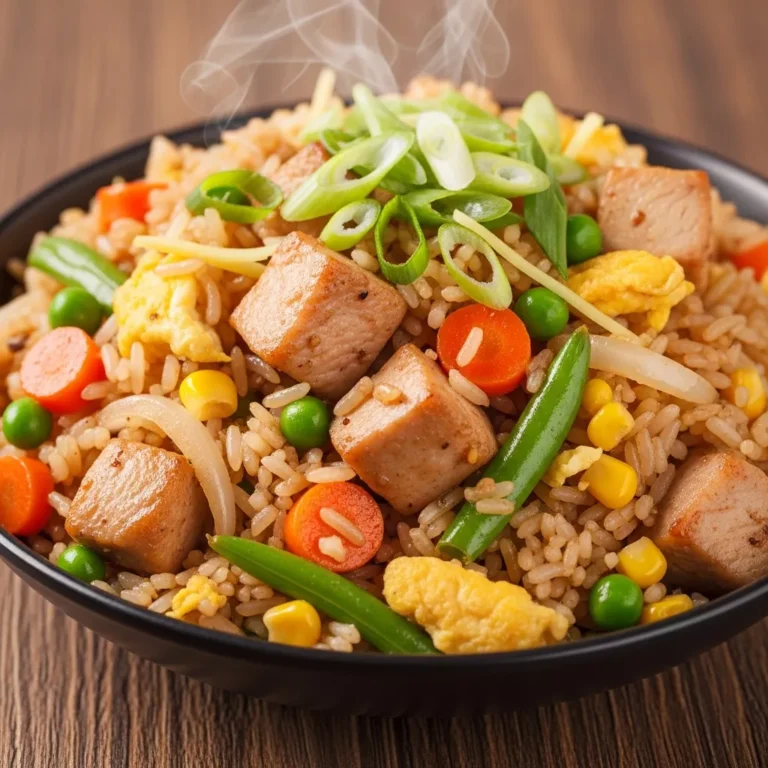 Full plate of steaming Wok-Kissed Fantastic Chicken Fried Rice, garnished with green onions, ready to eat on a rustic table.