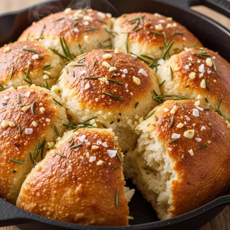 Rustic Skillet Garlic Rosemary Bread, whole and sliced, served directly from a cast iron pan on a wooden table.