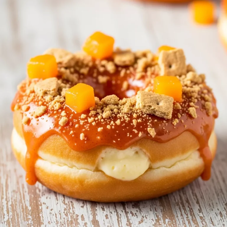Baked peach cobbler cheesecake donut with creamy filling and spiced glaze.