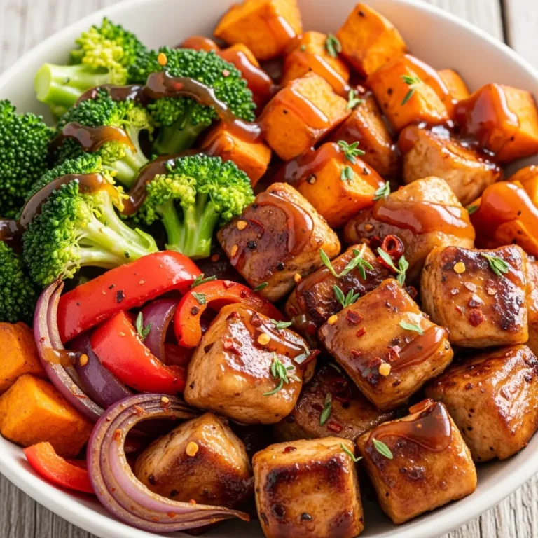 Cooked Zesty Maple Dijon Chicken Sweet Potato Power Bowl served in a rustic ceramic bowl, ready to eat.