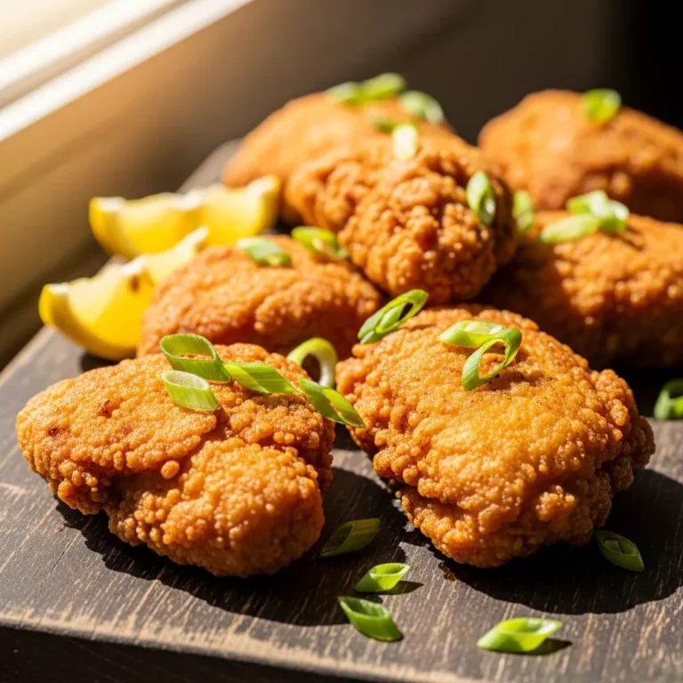 A plate of Aloha Crispy Mochiko Chicken with green onions and lemon, ready to serve.