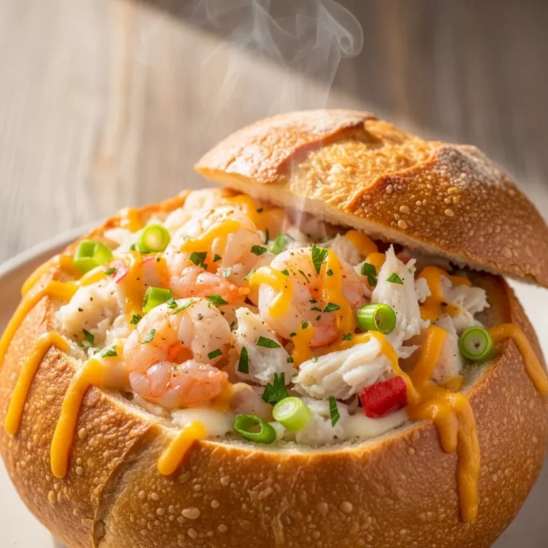 A golden-brown artisan bread bowl filled with creamy, cheesy seafood, ready to be served.
