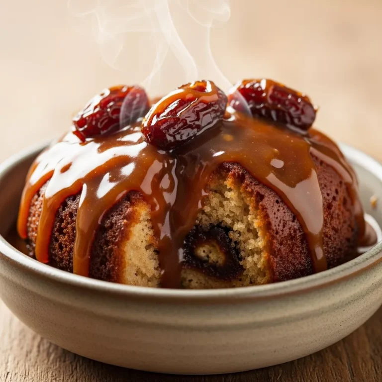 A serving of sticky toffee pudding with rich toffee sauce and a hint of cream or ice cream on the side.