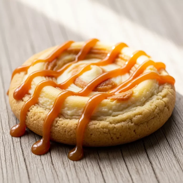 Plate of freshly baked Decadent Caramel Swirl Cheesecake Cookies with creamy centers and caramel drizzle.