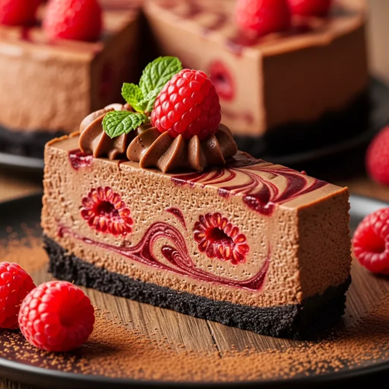 An elegant whole Ultimate Dark Chocolate Raspberry Cheesecake with a slice removed, revealing vibrant raspberry swirls against the dark chocolate filling and chocolate cookie crust.