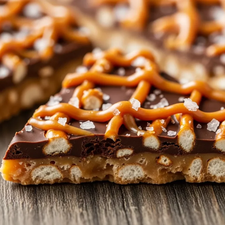 A stack of homemade Salted Caramel Pretzel Bark pieces on a rustic plate
