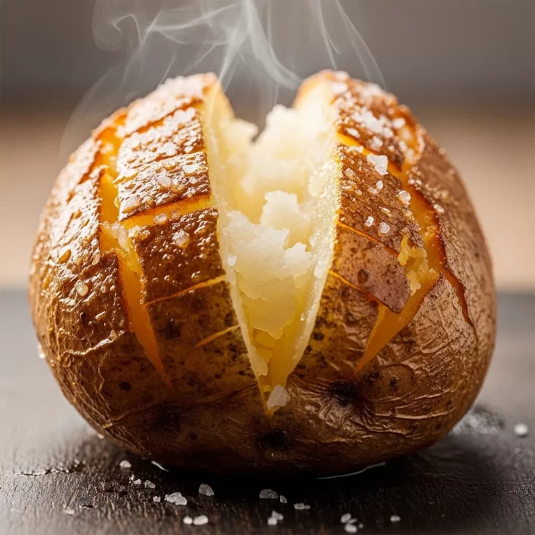Cooked air fryer crispy baked potato, sliced open, with a golden-brown crunchy skin and fluffy white inside.