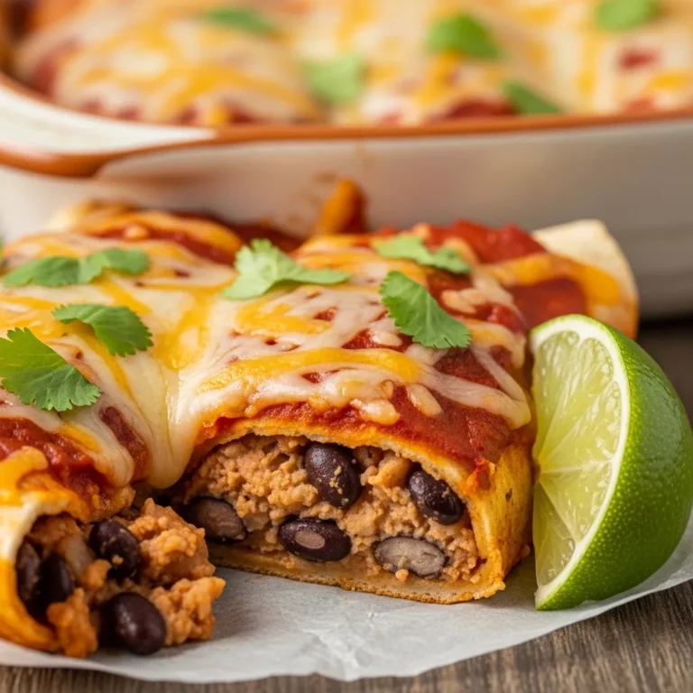 A baking dish filled with cheesy black bean enchiladas garnished with fresh cilantro and lime wedges on a rustic table.