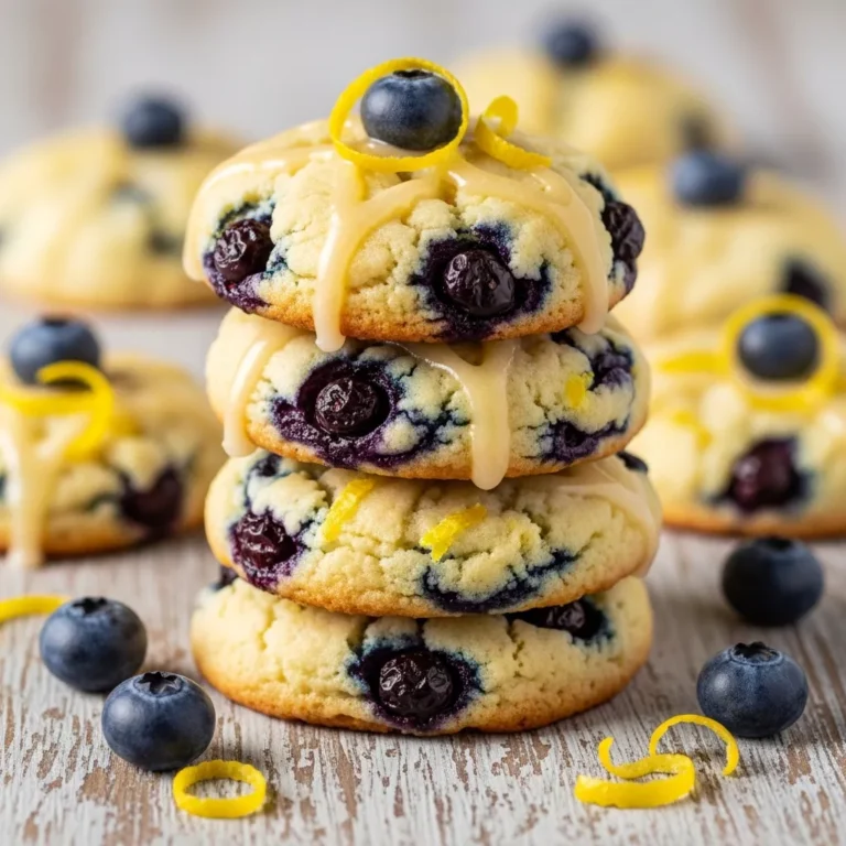 Plate of golden Zesty Lemon Blueberry Cheesecake Cookies drizzled with lemon glaze, garnished with fresh blueberries and lemon zest