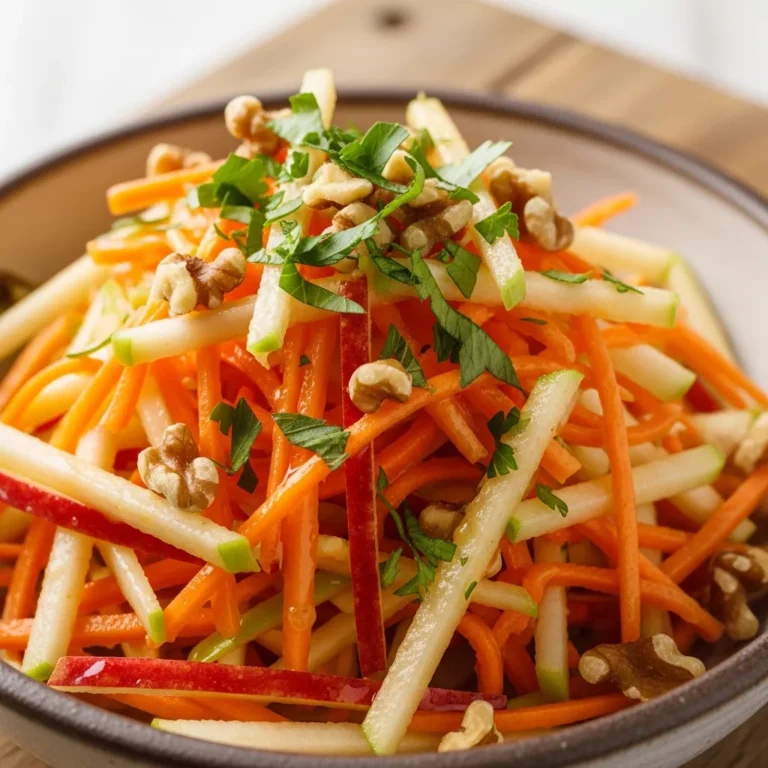 A beautifully composed bowl of Zesty Honey-Kissed Carrot Apple Slaw, garnished with parsley and walnuts, ready to serve.