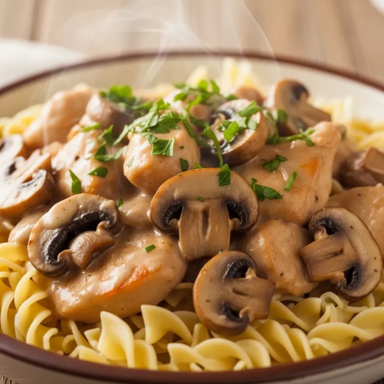Bowl of creamy chicken stroganoff with egg noodles and parsley garnish.