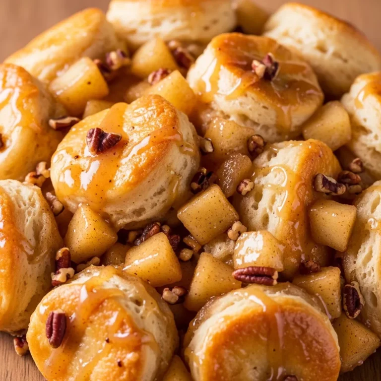 Serving of Golden Spiced Apple Pull-Apart Delight in a bowl, topped with a scoop of melting vanilla ice cream and a drizzle of caramel sauce.