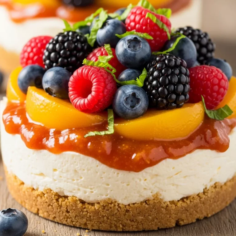 Full view of a Heavenly Peach Cobbler Cheesecake Fruit Salad Delight in a springform pan, topped with peaches, berries, and mint, on a rustic table.